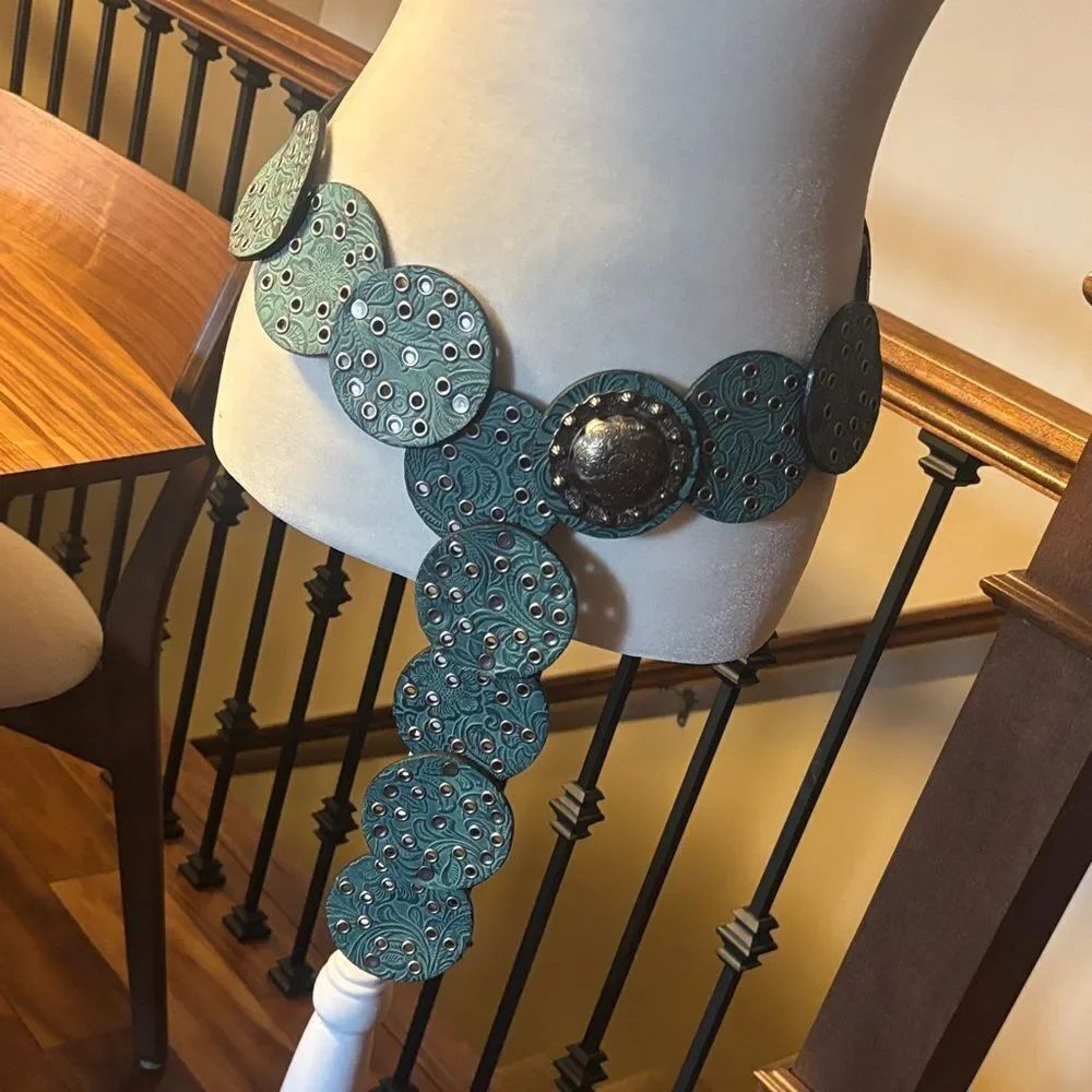 Boho Turquoise Embossed Leather Disc Belt - Large